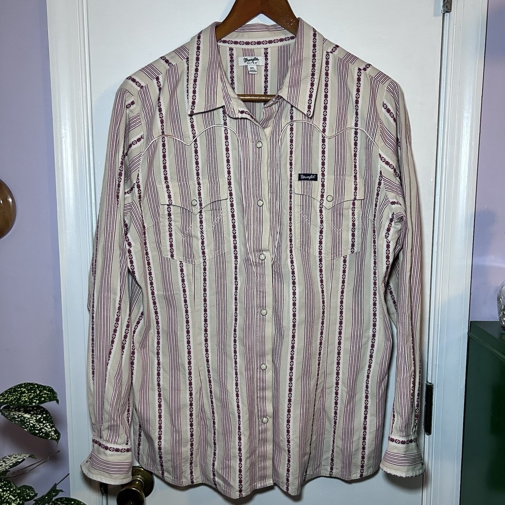 Wrangler Retro Men's 2XL Striped Pearl Snap Red White Long sleeve Western Shirt